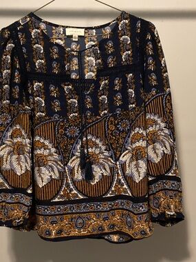 Lucky Brand Navy Floral Boho Peasant Shirt with White & Mustard Motif